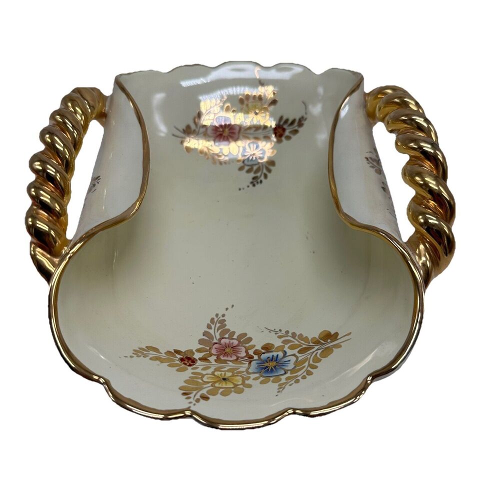 VINTAGE DERUTA ITALY HAND PAINTED PORCELAIN GOLD HANDLED BOWL W/FLOWERS